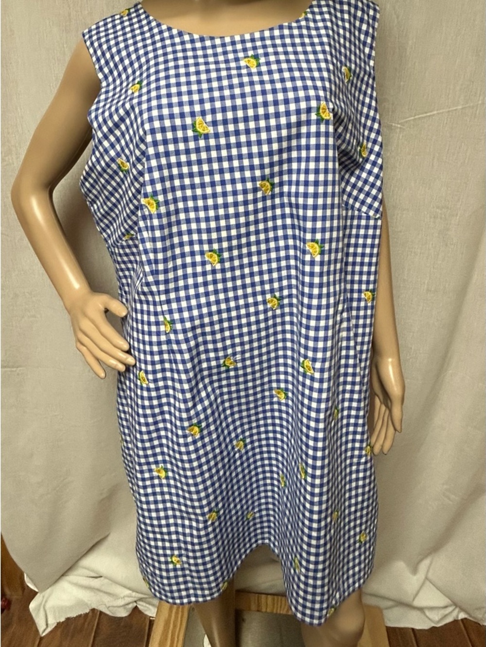 Dress 20WP lined 100% cotton 35” length 24” pit to pit flat blue gingham lemons - Picture 2 of 10